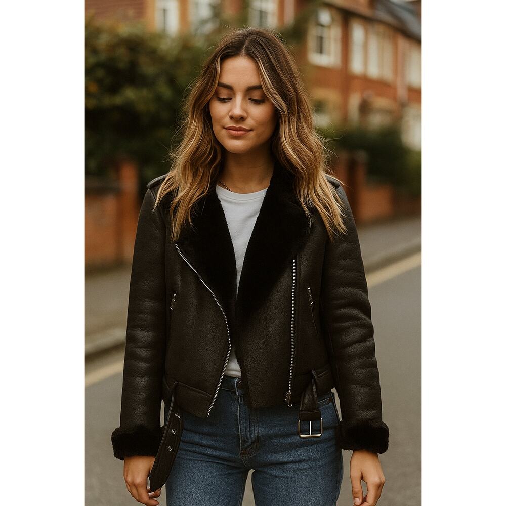 Women’s Faux Suede Biker Jacket Small Black Moto Fur Lined Zip Belted